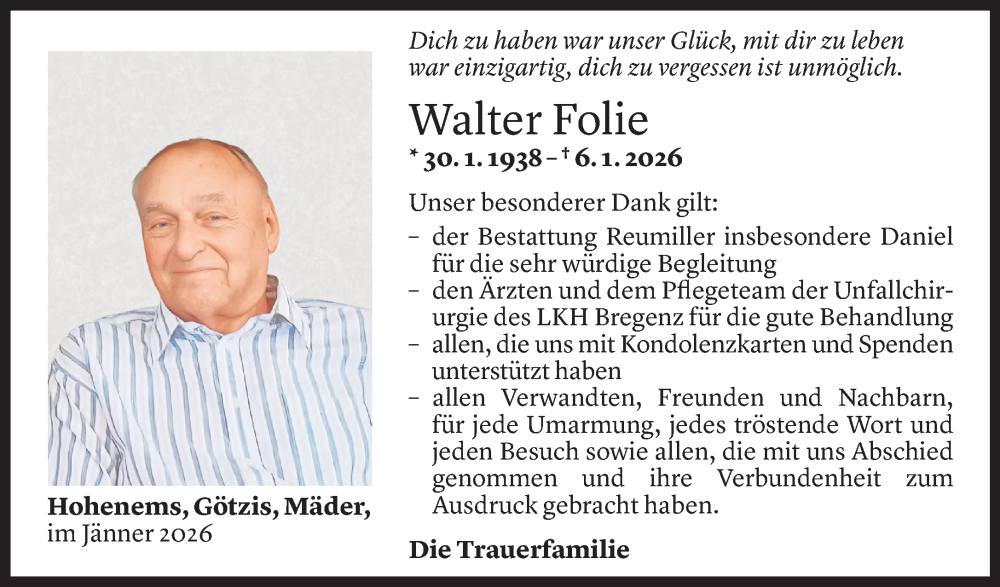  Todesanzeige für Walter Folie vom 30.01.2026 aus Vorarlberger Nachrichten
