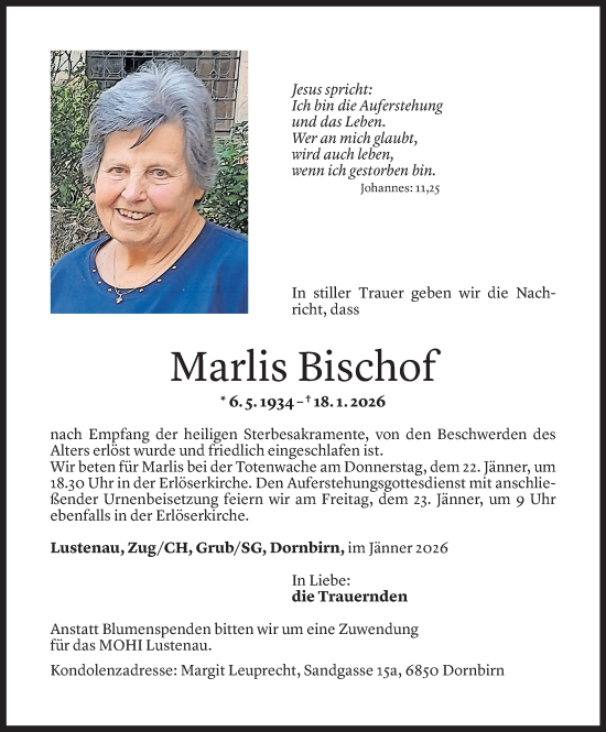 Todesanzeige von Marlis Bischof von Vorarlberger Nachrichten