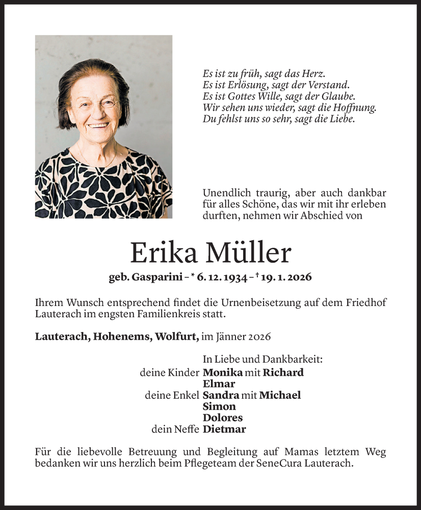  Todesanzeige für Erika Müller vom 24.01.2026 aus Vorarlberger Nachrichten