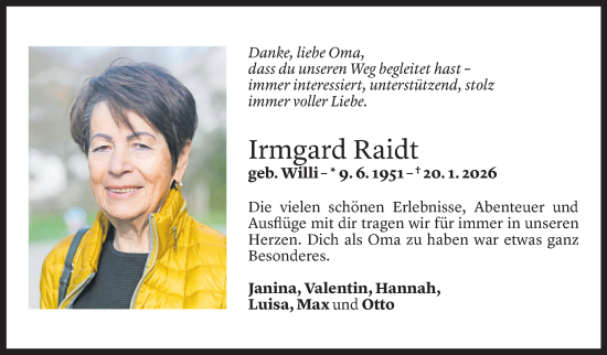 Todesanzeige von Irmgard Raidt von Vorarlberger Nachrichten