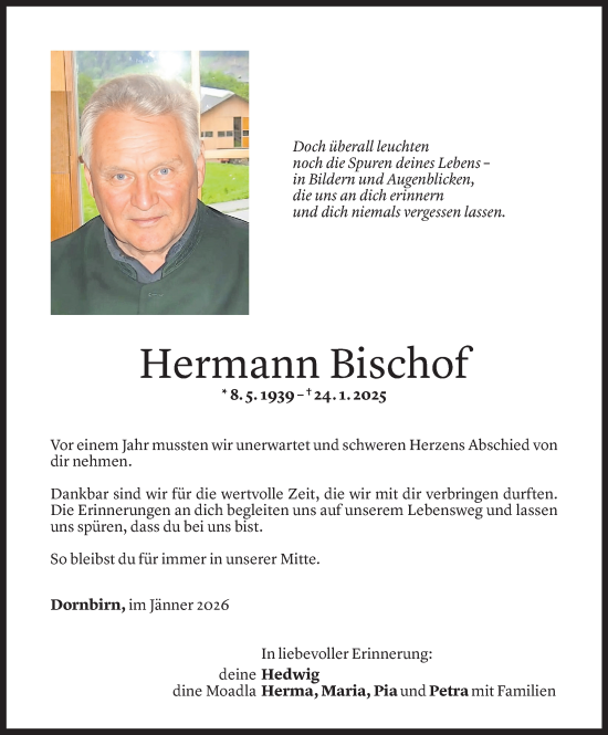 Todesanzeige von Hermann Bischof von Vorarlberger Nachrichten
