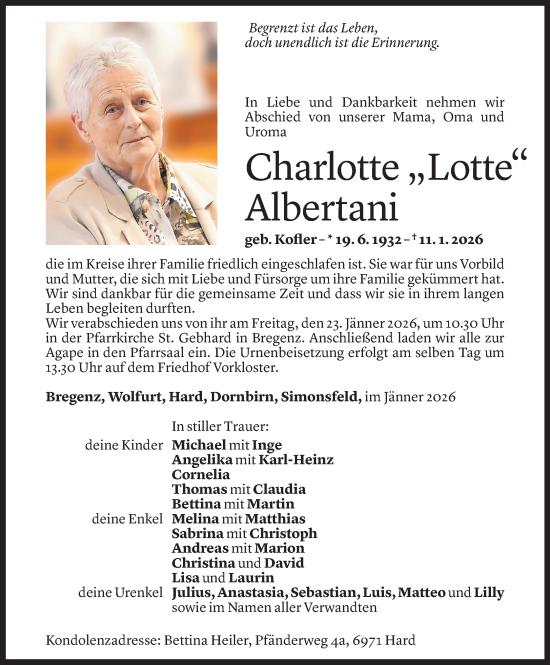 Todesanzeige von Charlotte Albertani von Vorarlberger Nachrichten