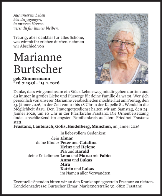 Todesanzeige von Marianne Burtscher von Vorarlberger Nachrichten