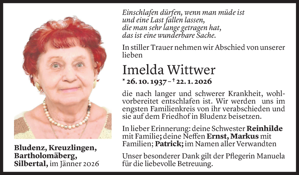  Todesanzeige für Imelda Wittwer vom 28.01.2026 aus Vorarlberger Nachrichten