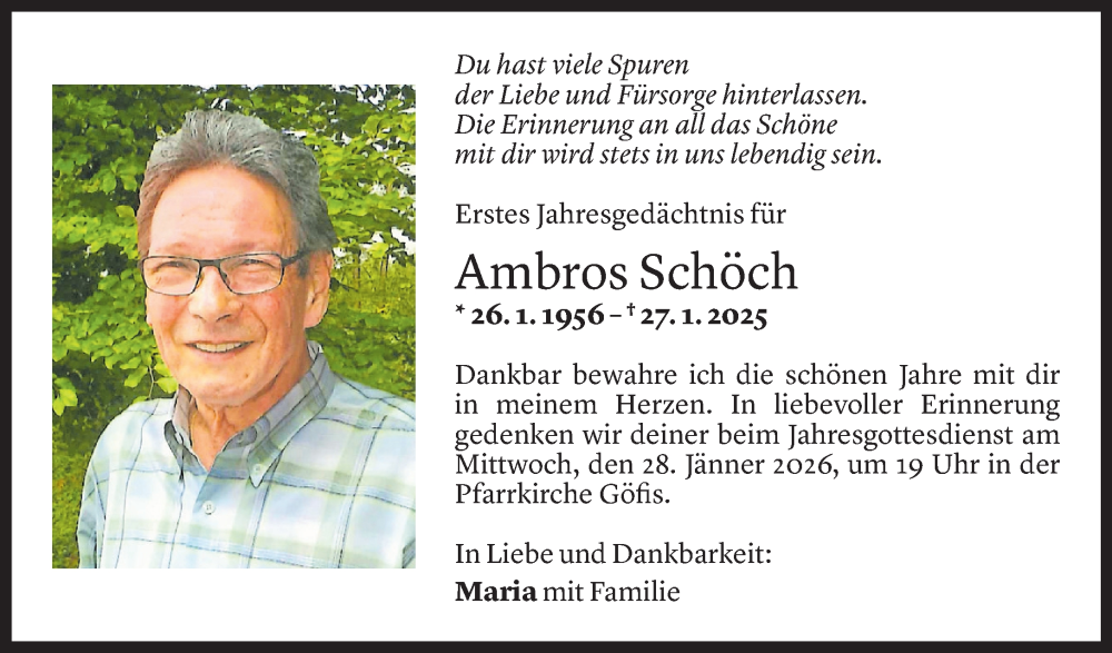  Todesanzeige für Ambros Schöch vom 23.01.2026 aus Vorarlberger Nachrichten