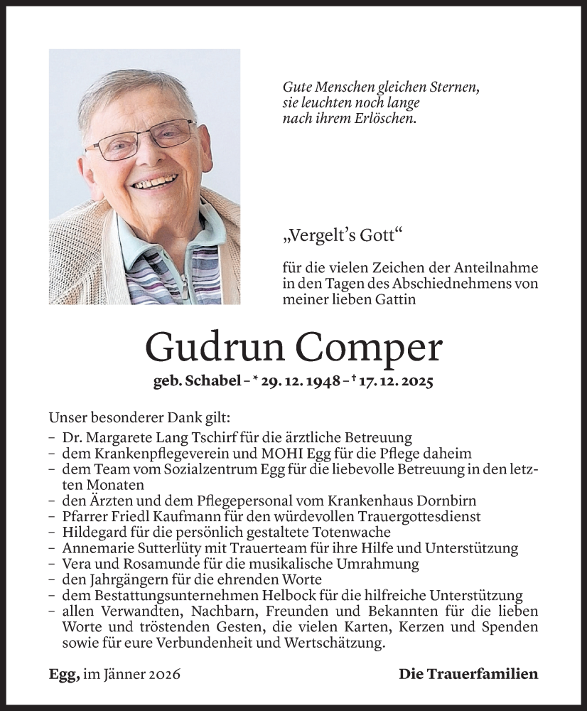  Todesanzeige für Gudrun Comper vom 13.01.2026 aus Vorarlberger Nachrichten