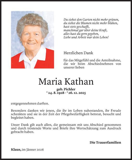 Todesanzeige von Maria Kathan von Vorarlberger Nachrichten
