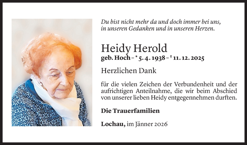  Todesanzeige für Heidy Herold vom 13.01.2026 aus Vorarlberger Nachrichten