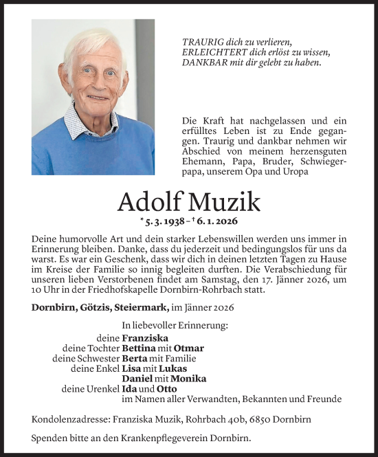 Todesanzeige von Adolf Muzik von Vorarlberger Nachrichten