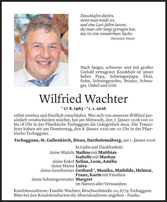 Todesanzeige von Wilfried Wachter von Vorarlberger Nachrichten