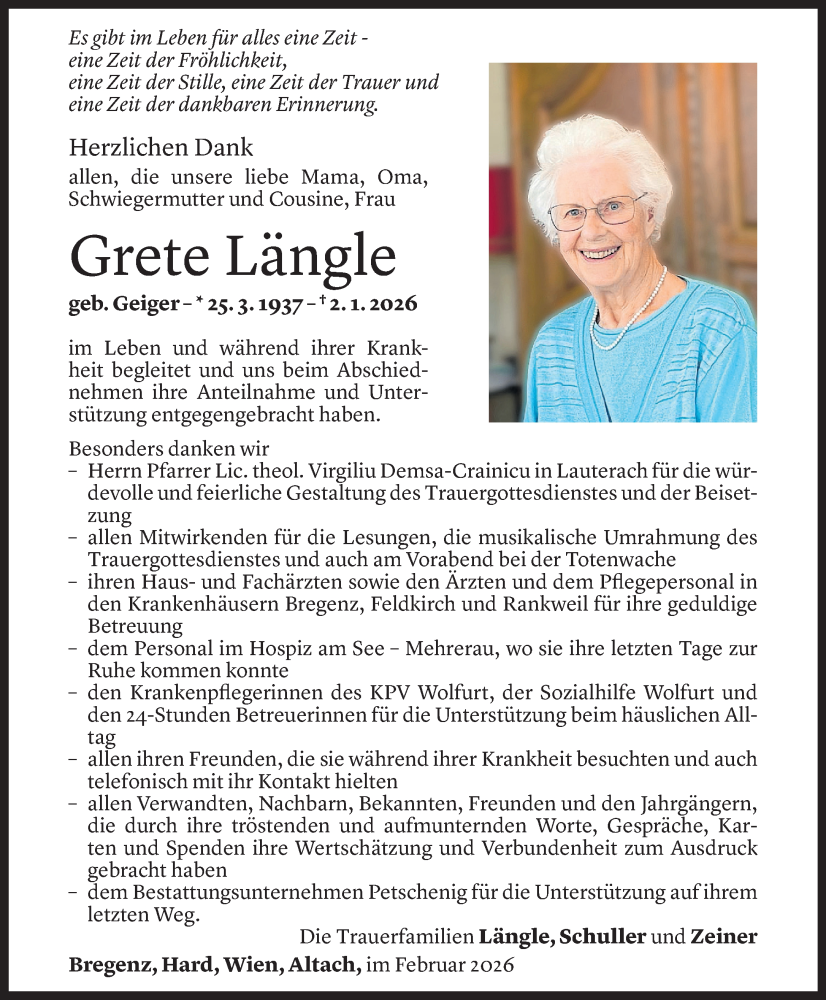  Todesanzeige für Grete Längle vom 04.02.2026 aus Vorarlberger Nachrichten