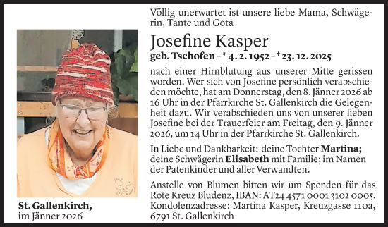 Todesanzeige von Josefine Kasper von Vorarlberger nachrichten