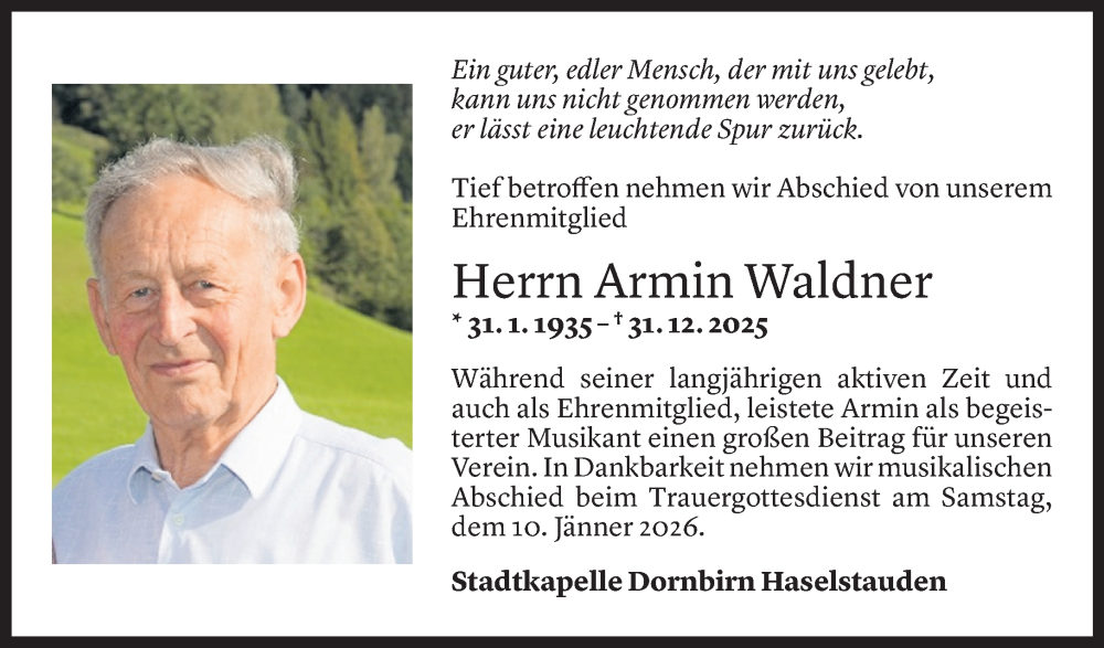  Todesanzeige für Armin Waldner vom 07.01.2026 aus Vorarlberger Nachrichten