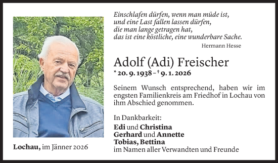 Todesanzeige von Adolf Freischer von Vorarlberger Nachrichten