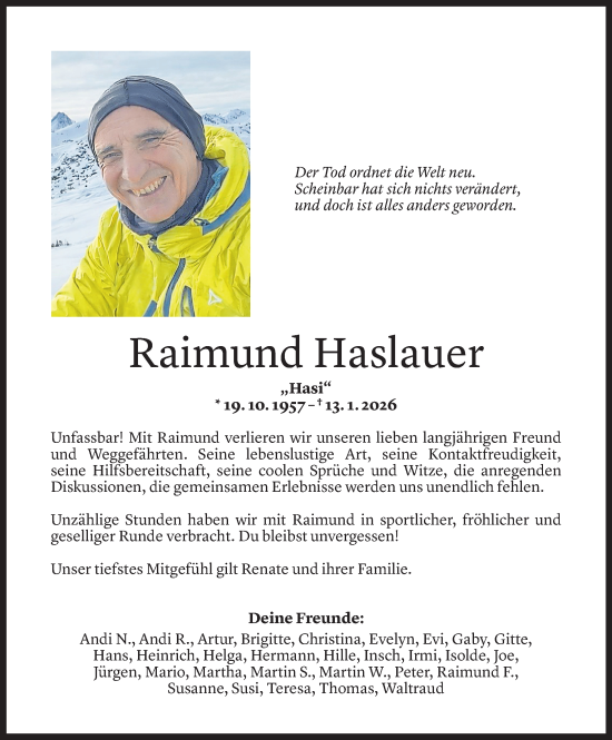 Todesanzeige von Raimund Martin Haslauer von Vorarlberger Nachrichten