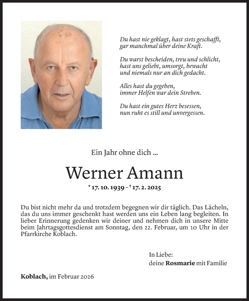  Todesanzeige für Werner Amann vom 20.02.2026 aus Vorarlberger Nachrichten