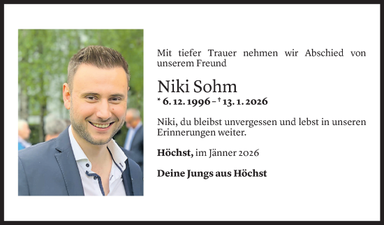 Todesanzeige von Nikolas Sohm von Vorarlberger Nachrichten