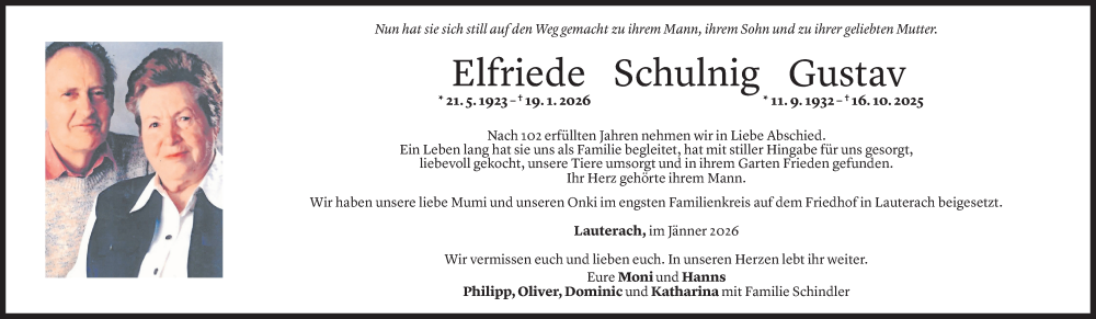  Todesanzeige für Elfriede Schulnig vom 24.01.2026 aus Vorarlberger Nachrichten