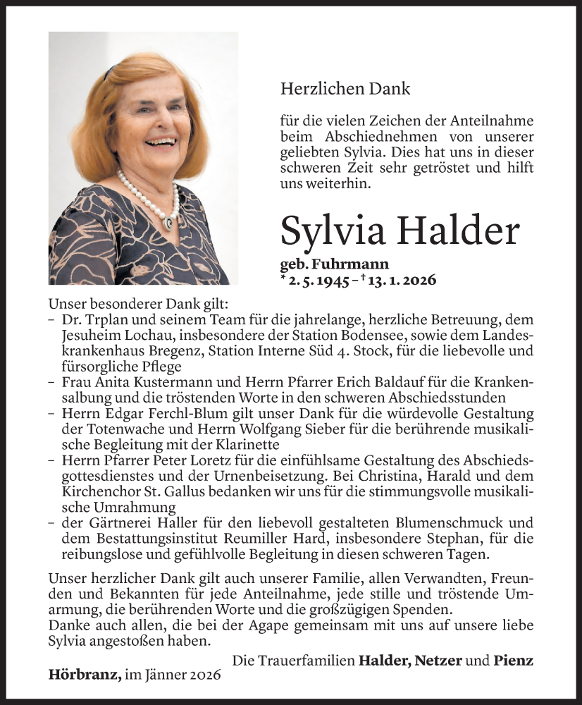  Todesanzeige für Sylvia Halder vom 30.01.2026 aus Vorarlberger Nachrichten