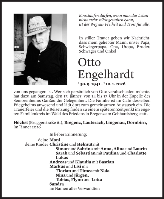 Todesanzeige von Otto Engelhardt von Vorarlberger Nachrichten