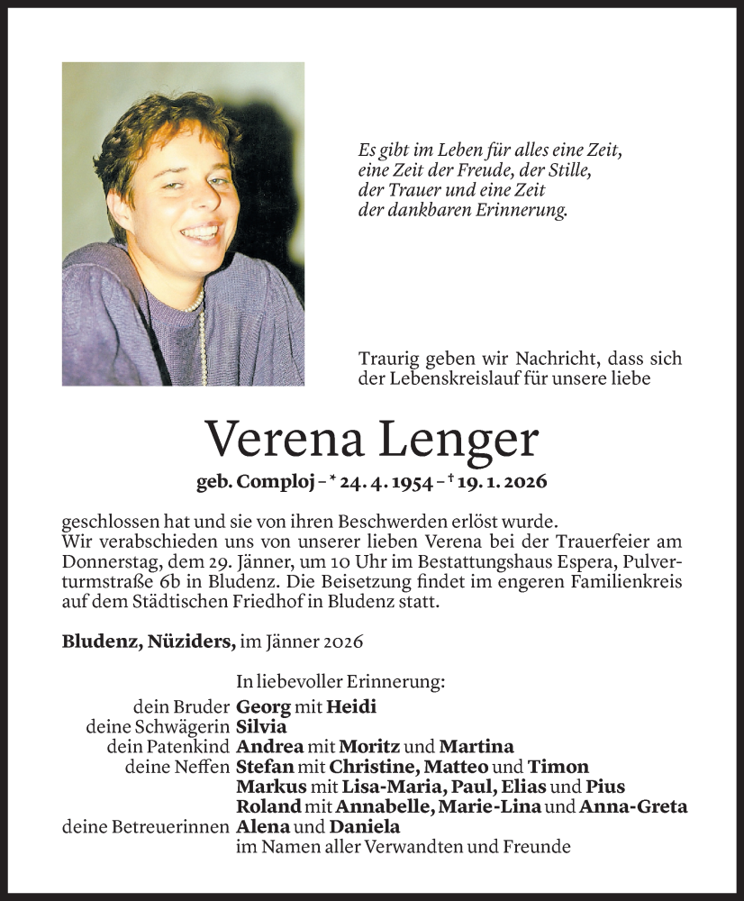  Todesanzeige für Verena Lenger vom 23.01.2026 aus Vorarlberger Nachrichten