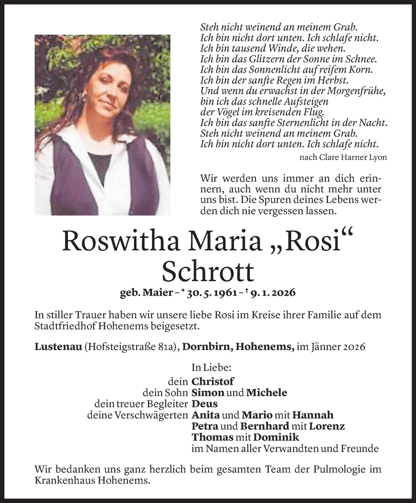  Todesanzeige für Roswitha Maria Schrott vom 17.01.2026 aus Vorarlberger Nachrichten