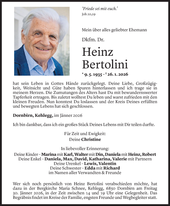 Todesanzeige von Heinz Bertolini von Vorarlberger Nachrichten