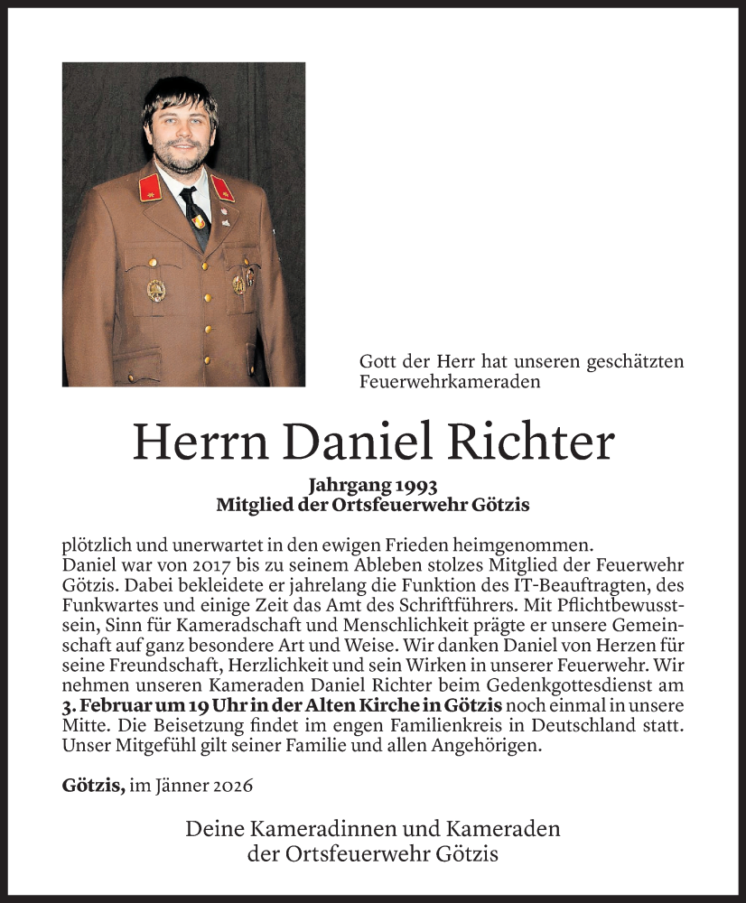  Todesanzeige für Daniel Richter vom 29.01.2026 aus Vorarlberger Nachrichten