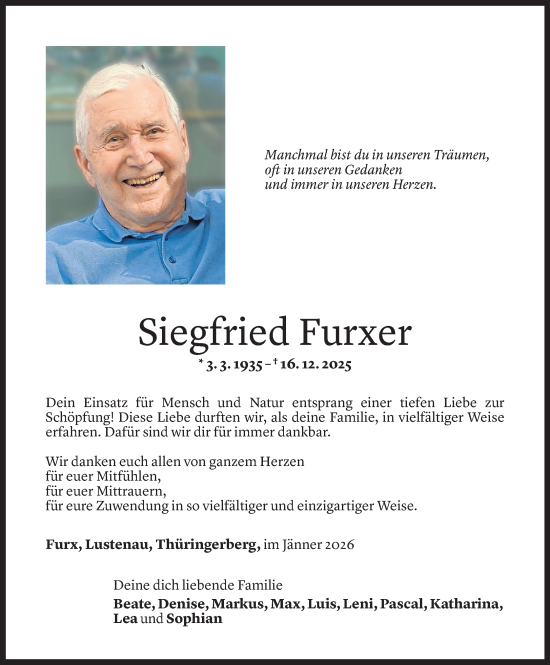 Todesanzeige von Siegfried Furxer von Vorarlberger Nachrichten