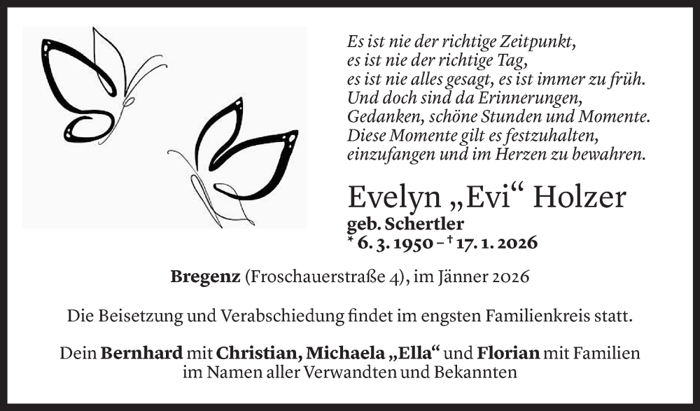  Todesanzeige für Evelyn Holzer vom 23.01.2026 aus Vorarlberger Nachrichten