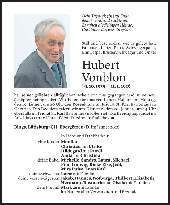 Todesanzeige von Hubert Vonblon von Vorarlberger Nachrichten