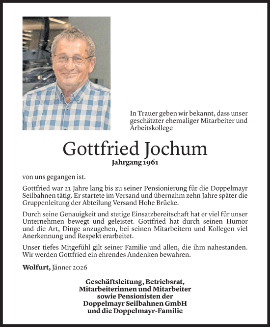 Todesanzeige von Gottfried Jochum von Vorarlberger Nachrichten