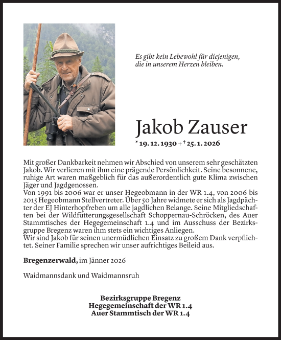 Todesanzeige von Jakob Zauser von Vorarlberger Nachrichten