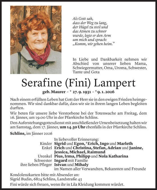 Todesanzeige von Serafine Lampert von Vorarlberger Nachrichten