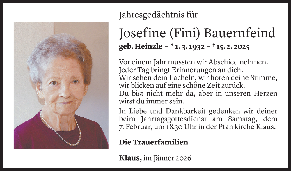  Todesanzeige für Josefine Bauernfeind vom 30.01.2026 aus Vorarlberger Nachrichten