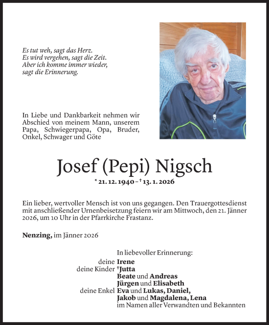Todesanzeige von Josef Nigsch von Vorarlberger Nachrichten