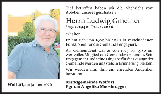 Todesanzeige von Ludwig Gmeiner von Vorarlberger Nachrichten
