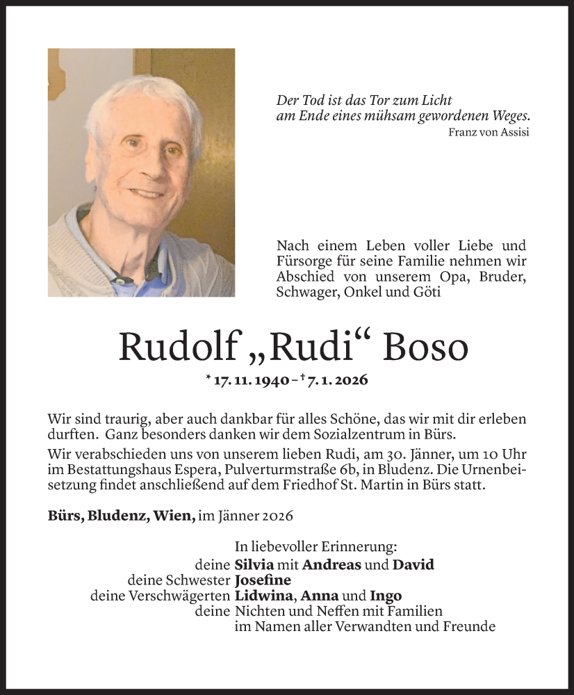  Todesanzeige für Rudolf Boso vom 26.01.2026 aus Vorarlberger Nachrichten