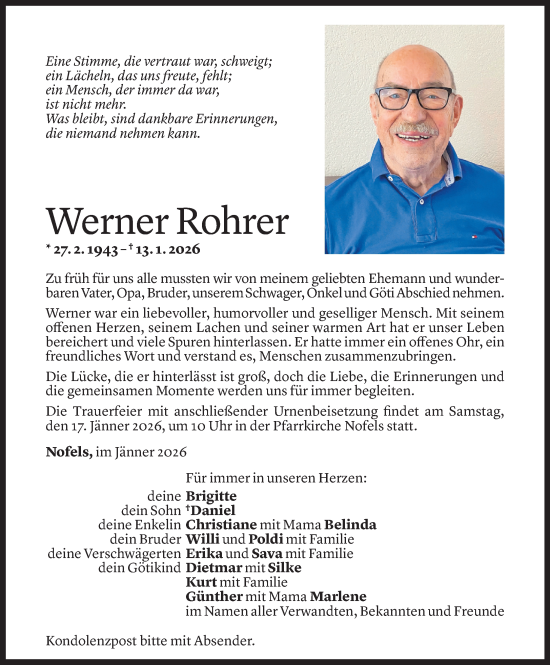 Todesanzeige von Werner Rohrer von Vorarlberger Nachrichten