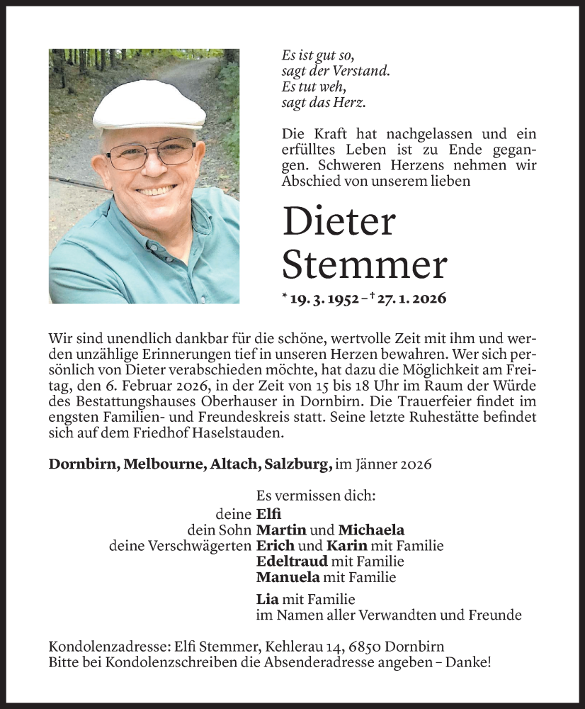  Todesanzeige für Dieter Stemmer vom 31.01.2026 aus Vorarlberger Nachrichten