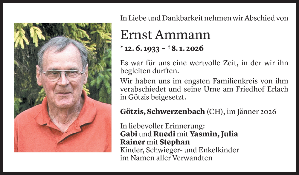  Todesanzeige für Ernst Ammann vom 24.01.2026 aus Vorarlberger Nachrichten