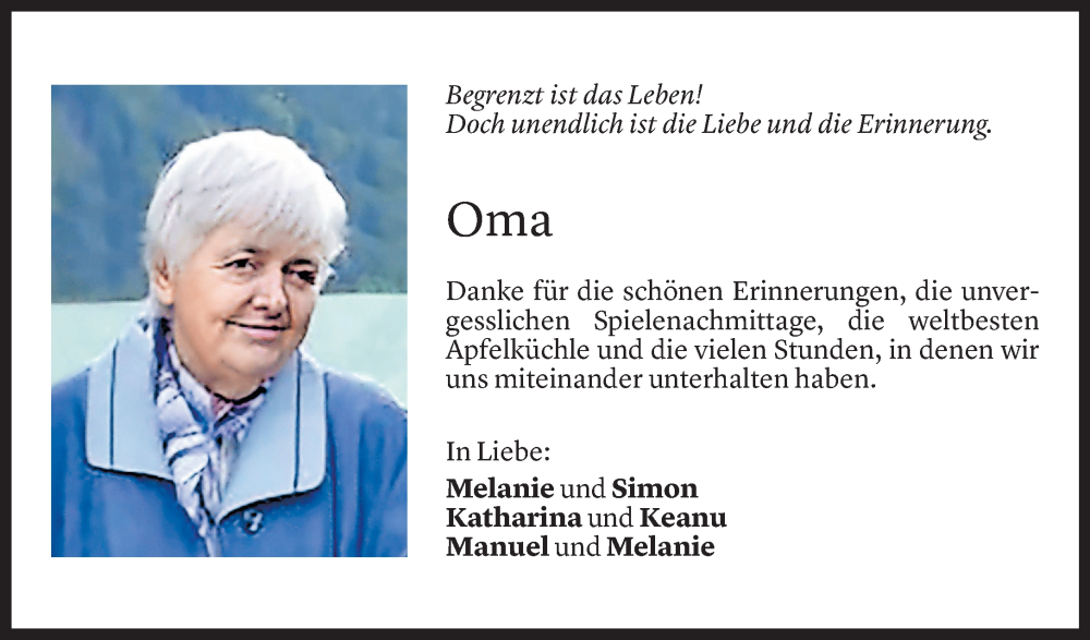  Todesanzeige für Frieda Panhofer vom 31.01.2026 aus Vorarlberger Nachrichten