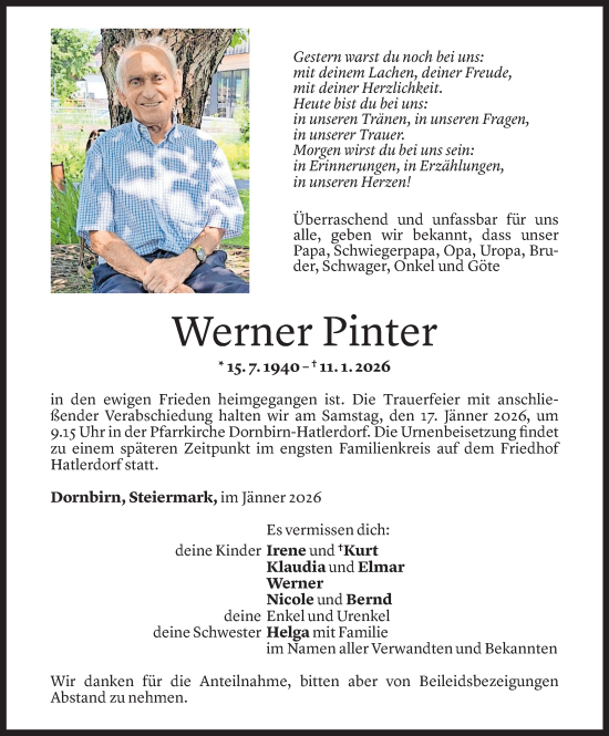 Todesanzeige von Werner Pinter von Vorarlberger Nachrichten