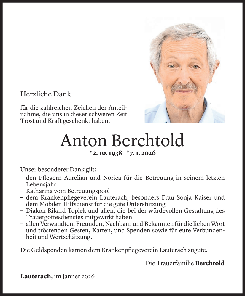  Todesanzeige für Anton Berchtold vom 29.01.2026 aus Vorarlberger Nachrichten