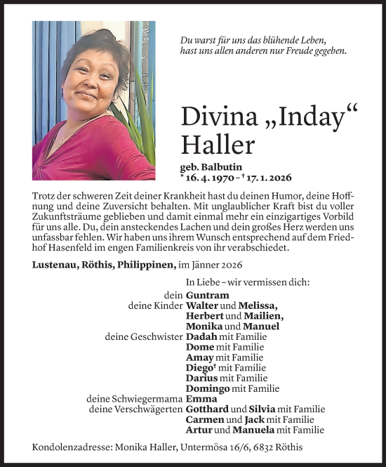 Todesanzeige von Divina Haller von Vorarlberger Nachrichten