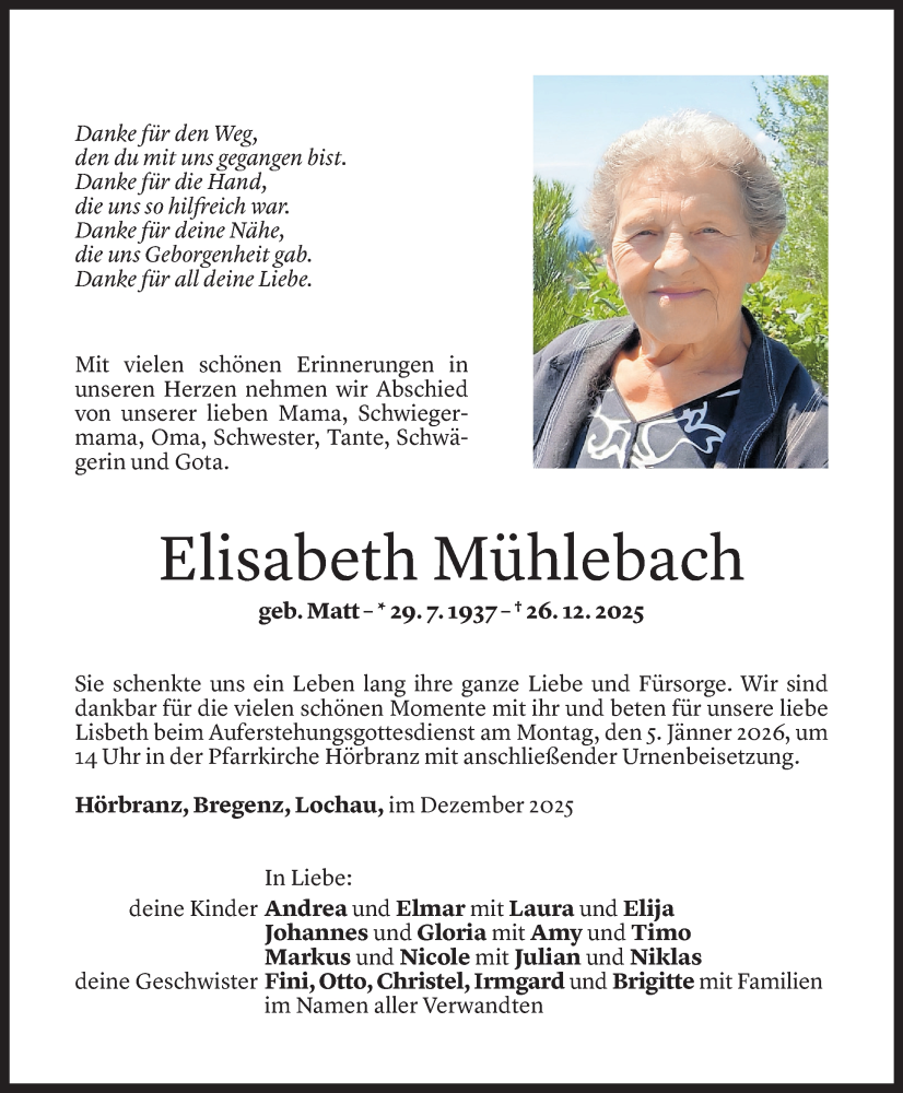  Todesanzeige für Elisabeth Mühlebach vom 01.01.2026 aus Vorarlberger Nachrichten