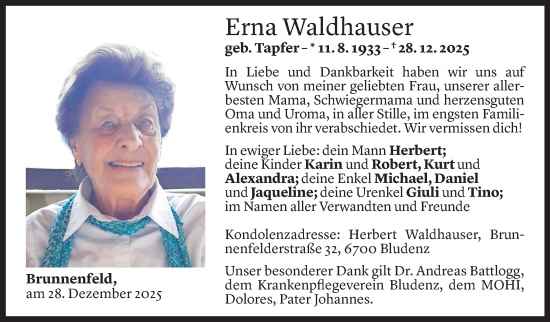 Todesanzeige von Erna Waldhauser von Vorarlberger Nachrichten