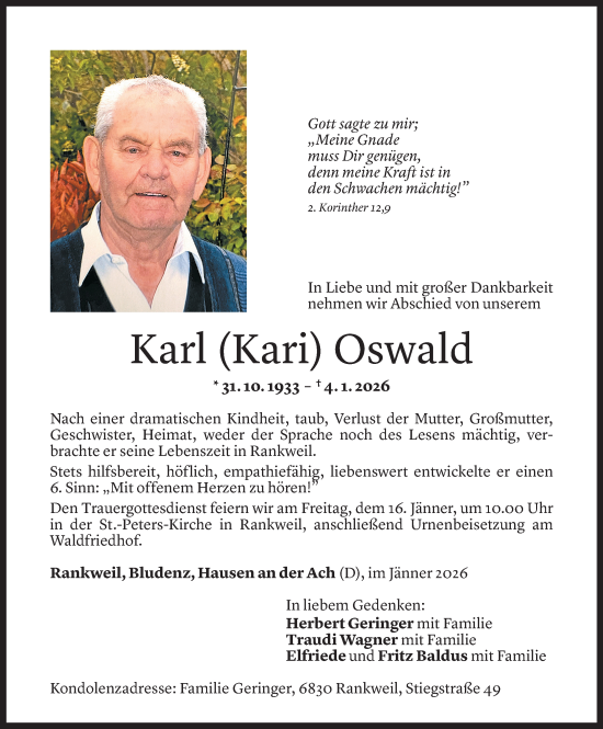 Todesanzeige von Karl Oswald von Vorarlberger Nachrichten
