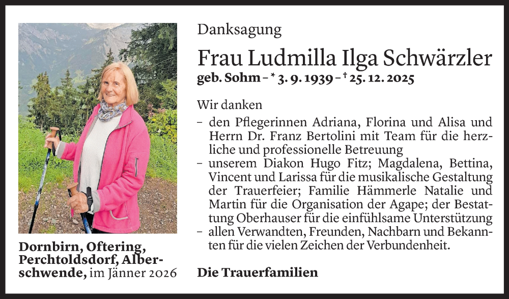  Todesanzeige für Ludmilla Ilga Schwärzler vom 16.01.2026 aus Vorarlberger Nachrichten