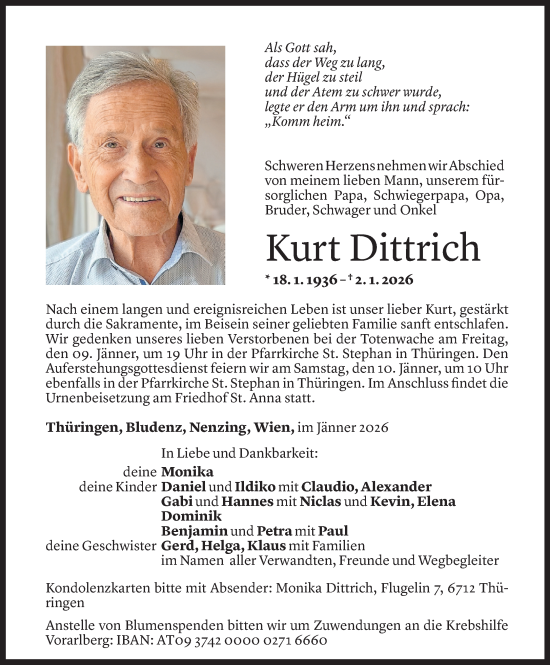 Todesanzeige von Kurt Dittrich von Vorarlberger nachrichten